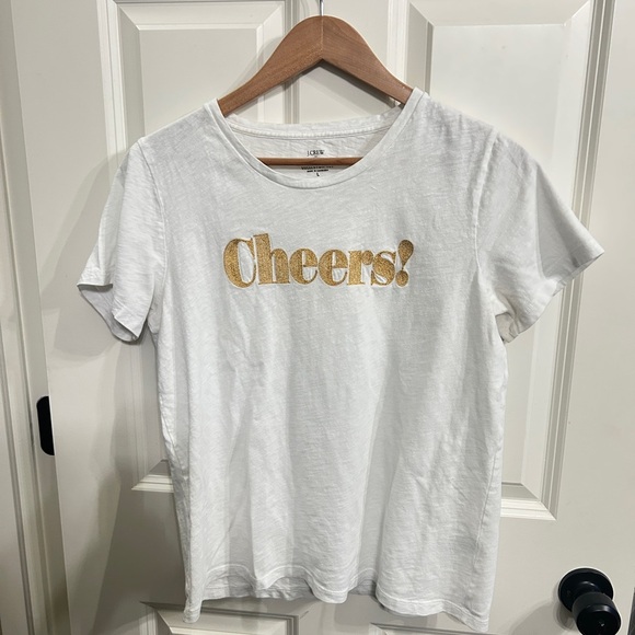GUC size L J. Crew Factory White Tee with Gold 'Cheers!' Print. Soft, fun tee! - Picture 3 of 12